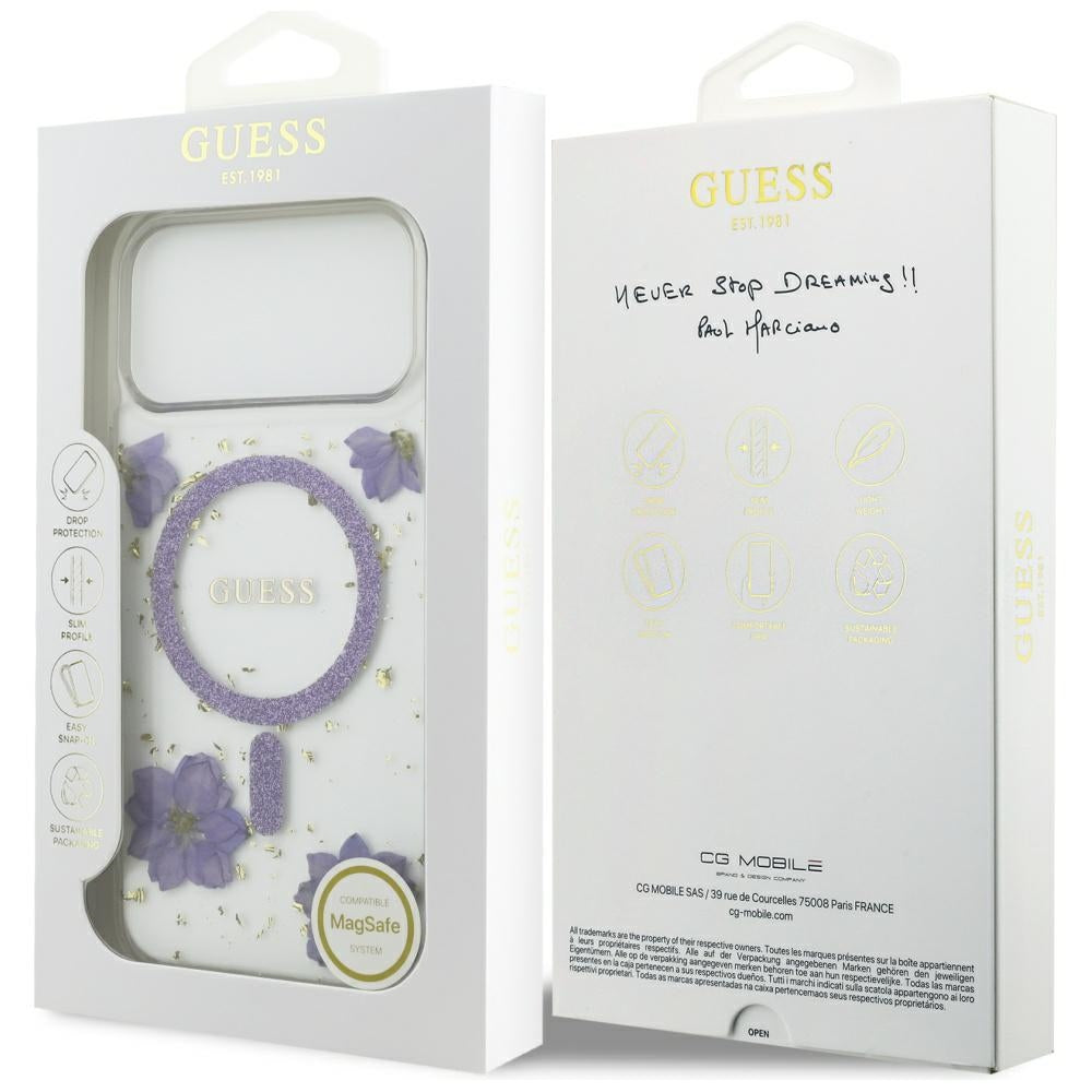 MagSafe-skal för Apple iPhone 17 Pro Max, Guess, Resin Flowers and Glitter, Lila