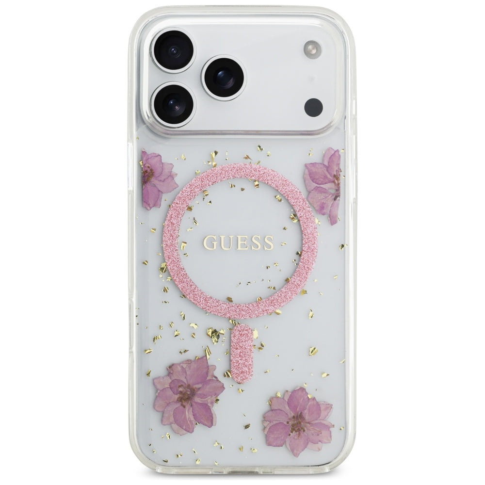 MagSafe-skal för Apple iPhone 17 Pro Max, Guess, Resin Flowers and Glitter, Rosa