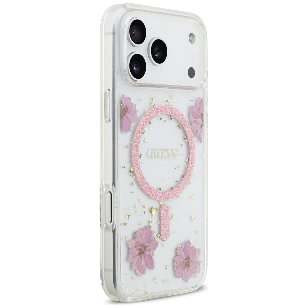 MagSafe-skal för Apple iPhone 17 Pro Max, Guess, Resin Flowers and Glitter, Rosa