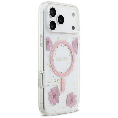 MagSafe-skal för Apple iPhone 17 Pro Max, Guess, Resin Flowers and Glitter, Rosa