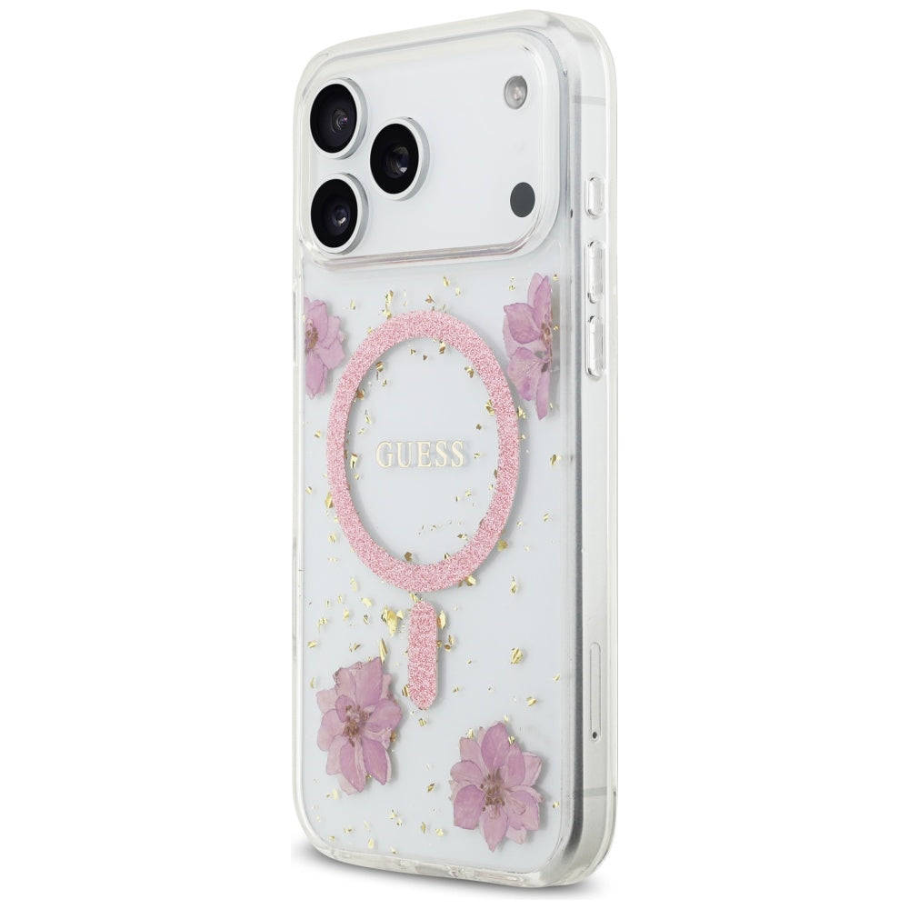 MagSafe-skal för Apple iPhone 17 Pro Max, Guess, Resin Flowers and Glitter, Rosa