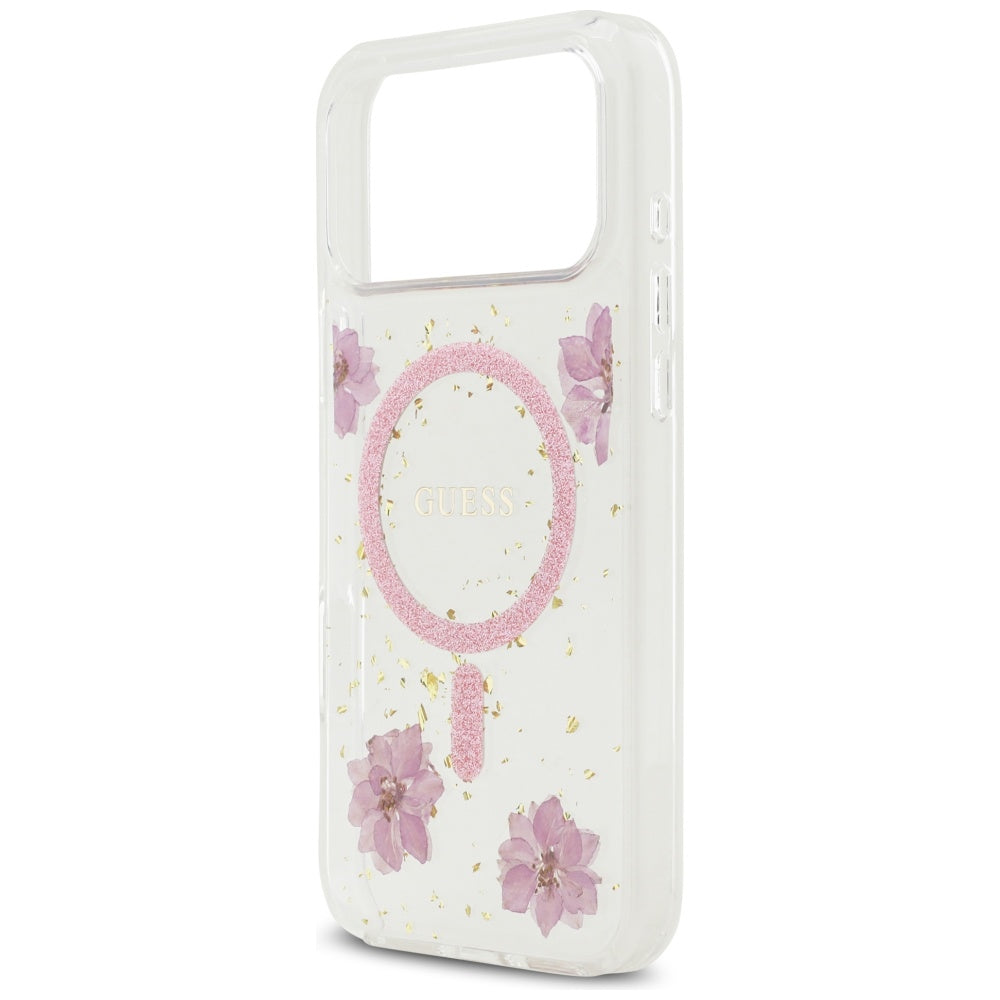 MagSafe-skal för Apple iPhone 17 Pro Max, Guess, Resin Flowers and Glitter, Rosa