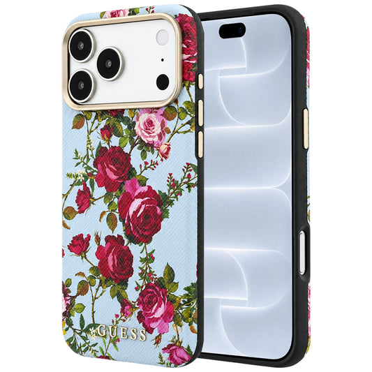 MagSafe Case for Apple iPhone 18 Pro / 17 Pro, Guess, Blossom Roses Print, Blue