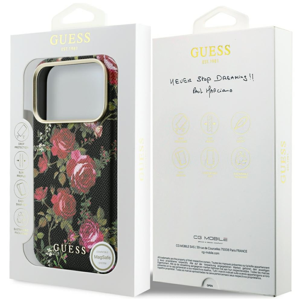 MagSafe-skal för Apple iPhone 18 Pro / 17 Pro, Guess, Blossom Roses Print, svart