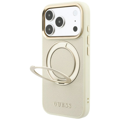 MagSafe Case for Apple iPhone 18 Pro / 17 Pro, Guess, Grained Ring Stand 360 Classic, Beige