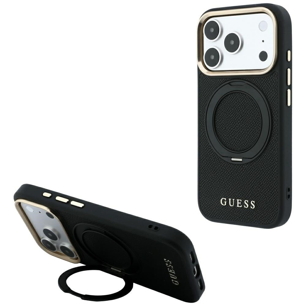MagSafe-skal för Apple iPhone 18 Pro / 17 Pro, Guess, Grained Ring Stand 360 Classic, svart