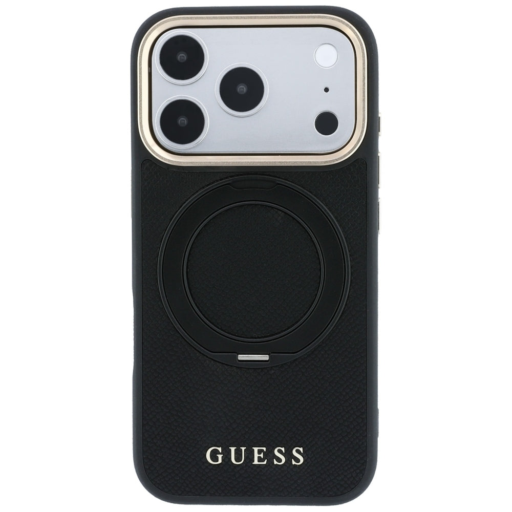 MagSafe-skal för Apple iPhone 18 Pro / 17 Pro, Guess, Grained Ring Stand 360 Classic, svart