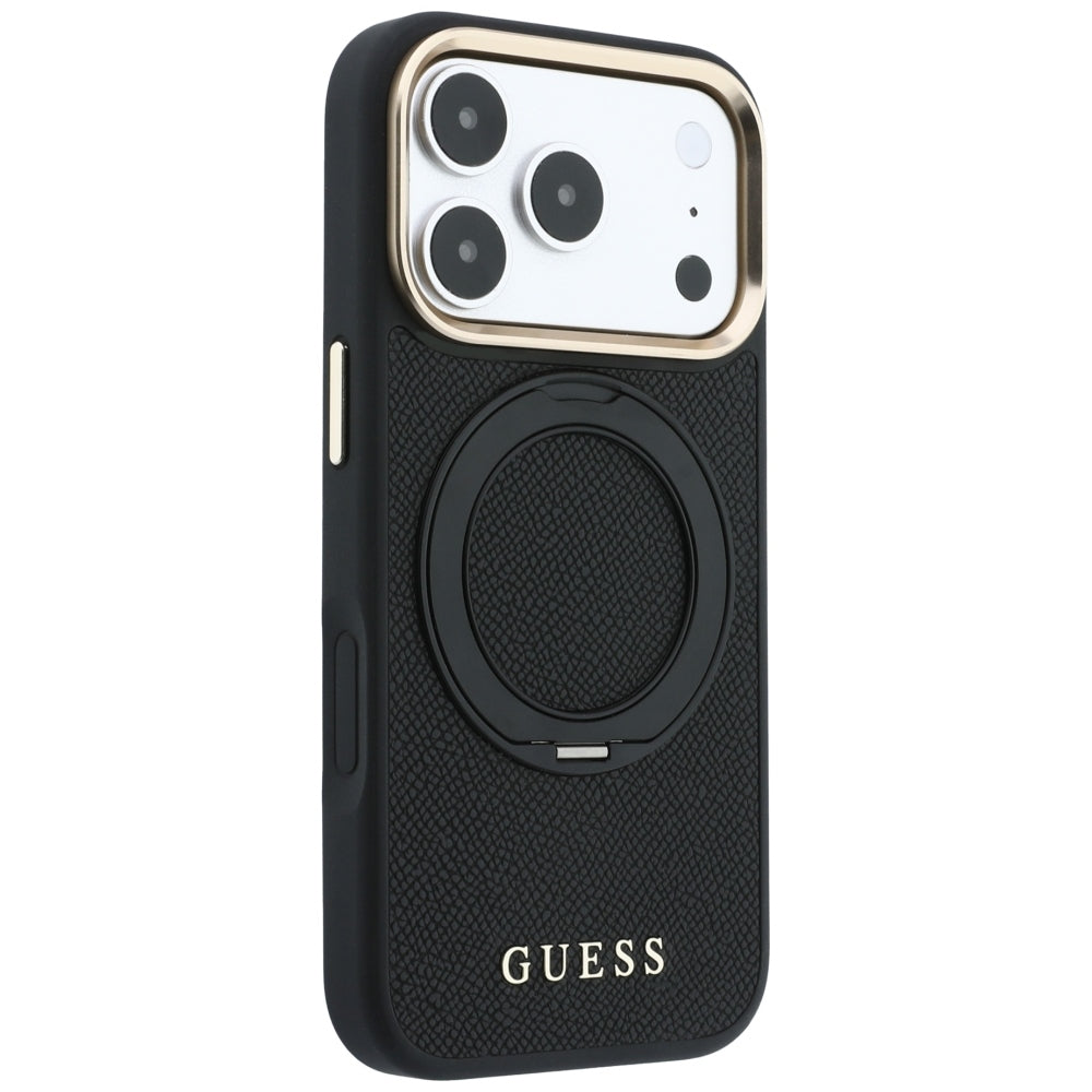MagSafe-skal för Apple iPhone 18 Pro / 17 Pro, Guess, Grained Ring Stand 360 Classic, svart