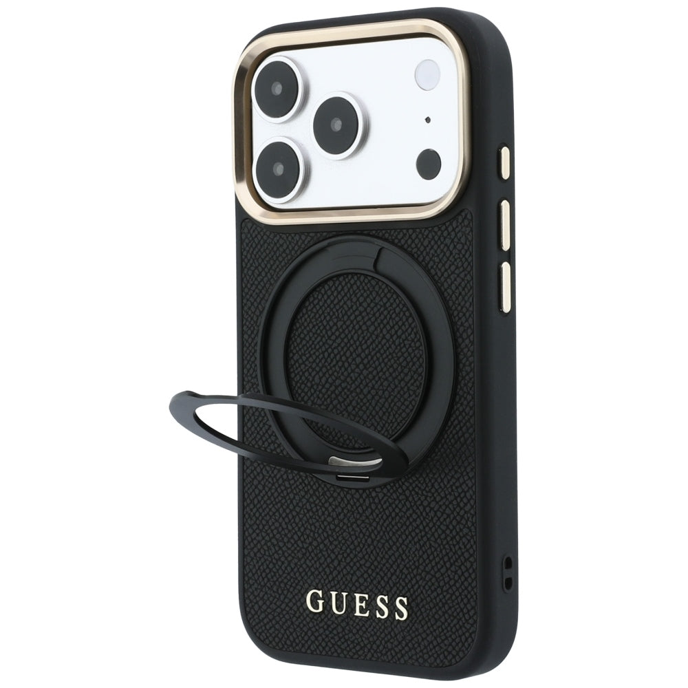 MagSafe-skal för Apple iPhone 18 Pro / 17 Pro, Guess, Grained Ring Stand 360 Classic, svart