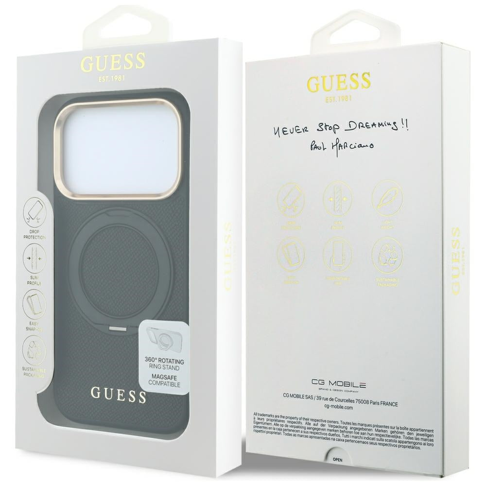 MagSafe-skal för Apple iPhone 18 Pro / 17 Pro, Guess, Grained Ring Stand 360 Classic, svart