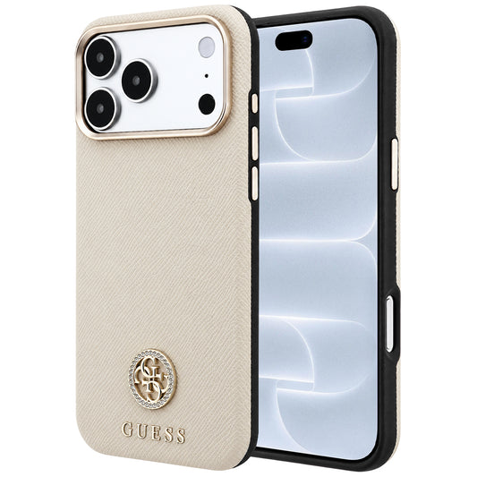 MagSafe-fodral för Apple iPhone 18 Pro / 17 Pro, Guess, Kornigt runt strasslogo, Beige