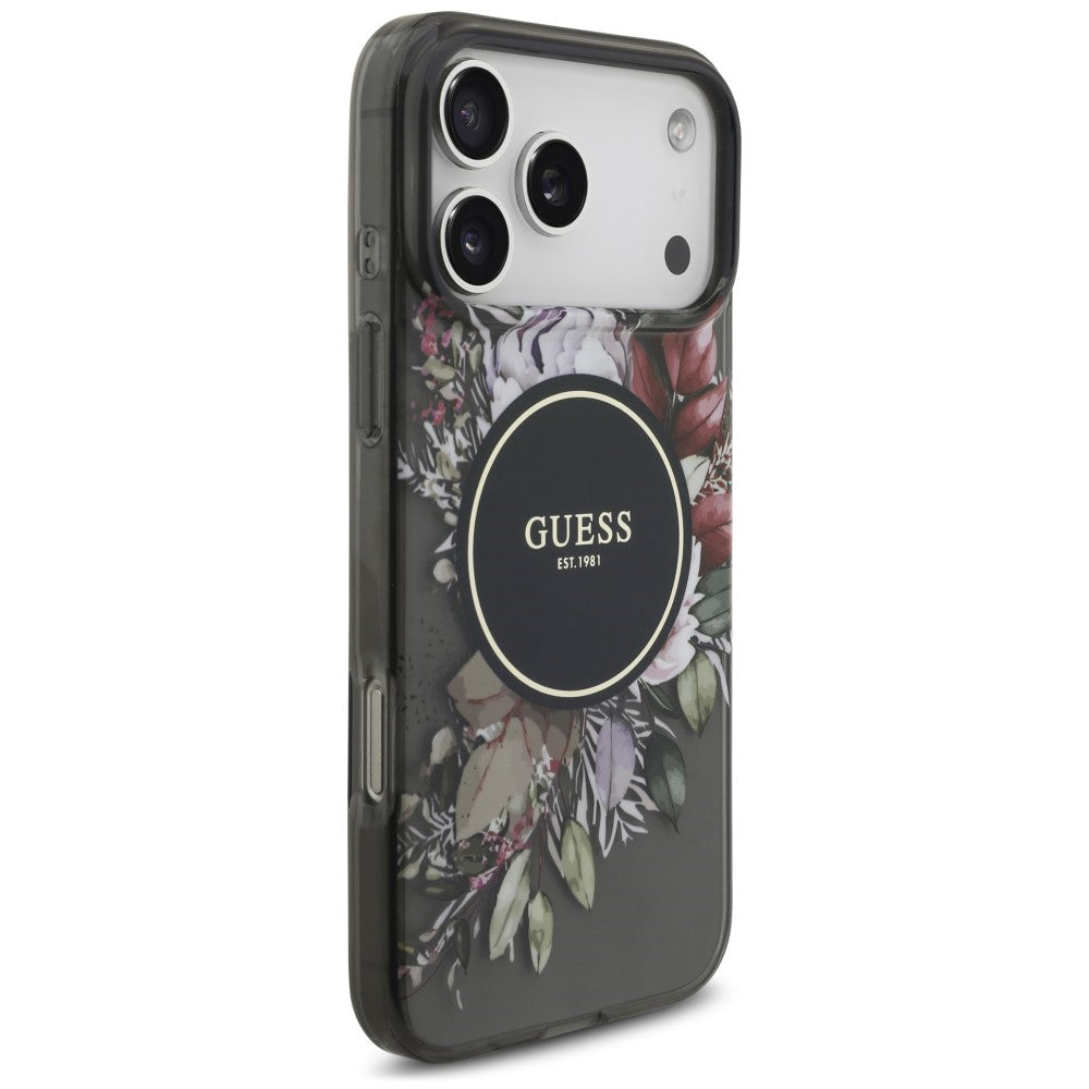 MagSafe-skal för Apple iPhone 18 Pro / 17 Pro, Guess, IML Flowers with Pearl Strap, svart