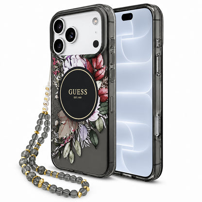 MagSafe-skal för Apple iPhone 18 Pro / 17 Pro, Guess, IML Flowers with Pearl Strap, svart
