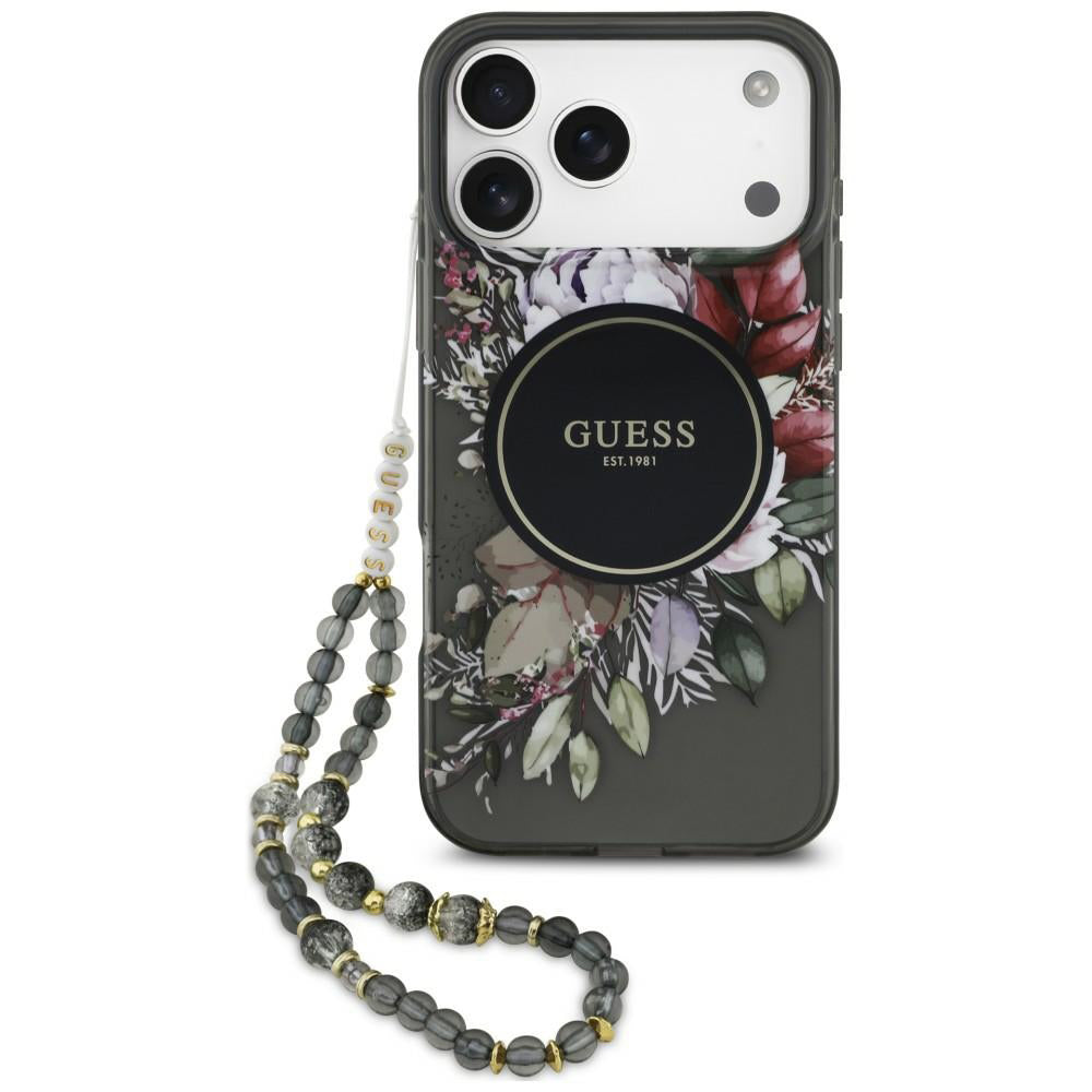 MagSafe-skal för Apple iPhone 18 Pro / 17 Pro, Guess, IML Flowers with Pearl Strap, svart