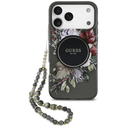 MagSafe-skal för Apple iPhone 18 Pro / 17 Pro, Guess, IML Flowers with Pearl Strap, svart