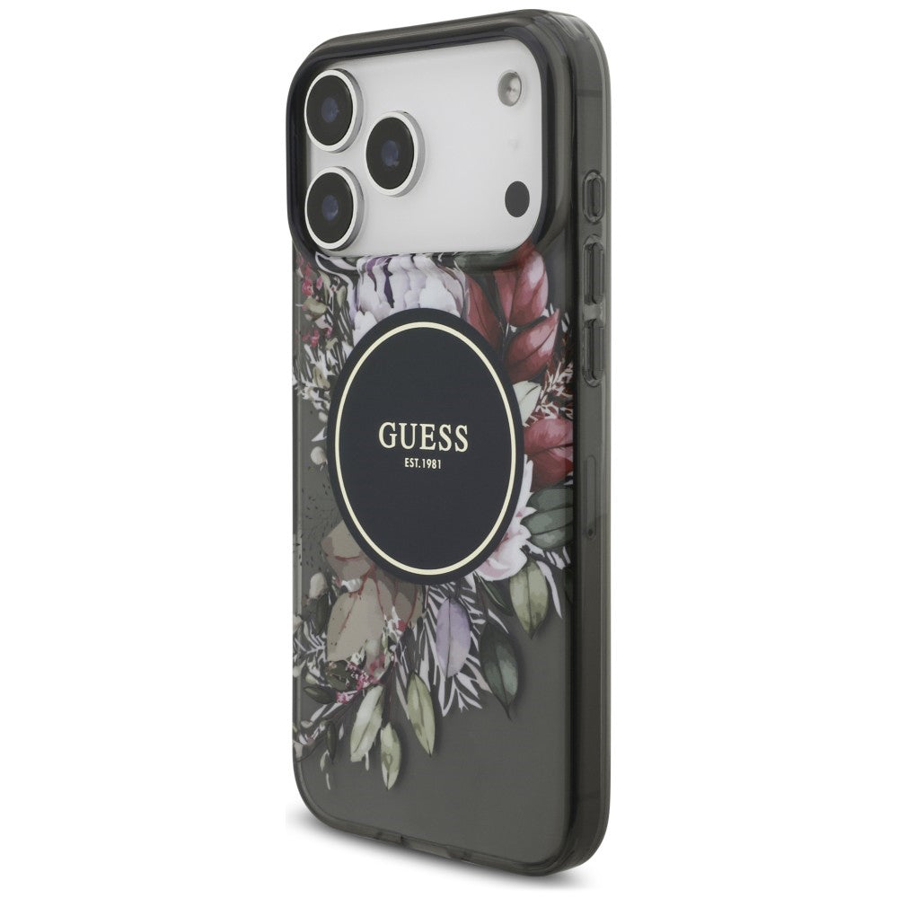 MagSafe-skal för Apple iPhone 18 Pro / 17 Pro, Guess, IML Flowers with Pearl Strap, svart