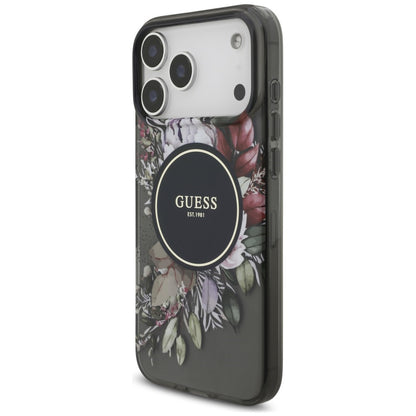 MagSafe-skal för Apple iPhone 18 Pro / 17 Pro, Guess, IML Flowers with Pearl Strap, svart