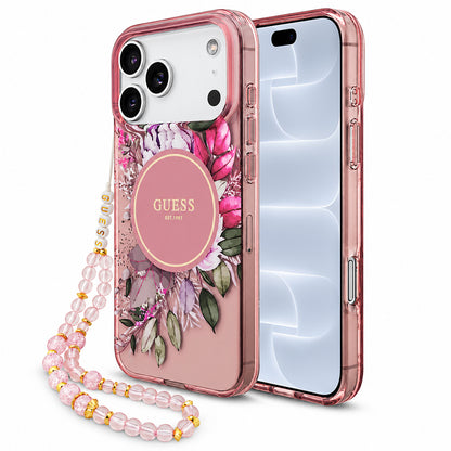 MagSafe-skal för Apple iPhone 18 Pro / 17 Pro, Guess, IML Flowers with Pearl Strap, rosa