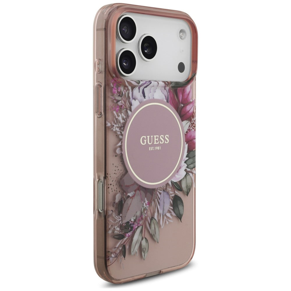 MagSafe-skal för Apple iPhone 18 Pro / 17 Pro, Guess, IML Flowers with Pearl Strap, rosa