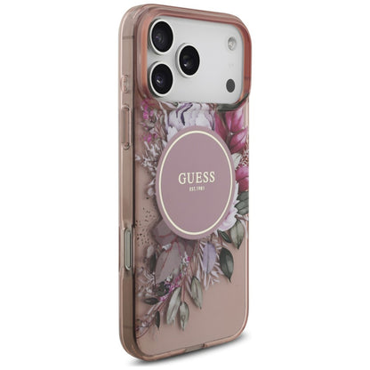 MagSafe-skal för Apple iPhone 18 Pro / 17 Pro, Guess, IML Flowers with Pearl Strap, rosa