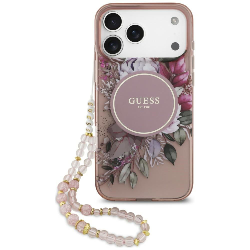 MagSafe-skal för Apple iPhone 18 Pro / 17 Pro, Guess, IML Flowers with Pearl Strap, rosa