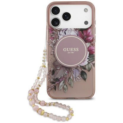 MagSafe-skal för Apple iPhone 18 Pro / 17 Pro, Guess, IML Flowers with Pearl Strap, rosa