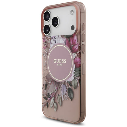 MagSafe-skal för Apple iPhone 18 Pro / 17 Pro, Guess, IML Flowers with Pearl Strap, rosa