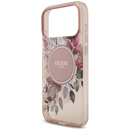 MagSafe-skal för Apple iPhone 18 Pro / 17 Pro, Guess, IML Flowers with Pearl Strap, rosa