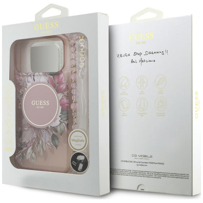 MagSafe-skal för Apple iPhone 18 Pro / 17 Pro, Guess, IML Flowers with Pearl Strap, rosa