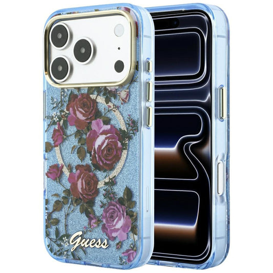 MagSafe-fodral för Apple iPhone 18 Pro / 17 Pro, Guess, IML Glitter Blossom Roses, Bleu