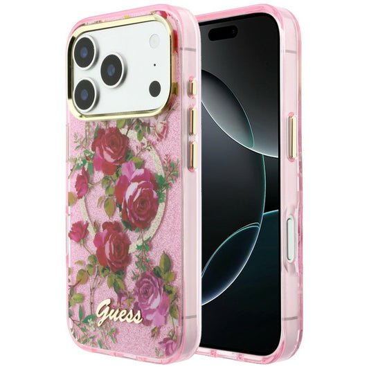 MagSafe-fodral för Apple iPhone 18 Pro / 17 Pro, Guess, IML Glitter Blossom Roses, Rosa