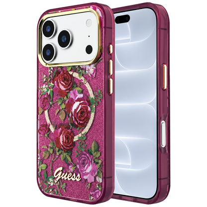 MagSafe-fodral för Apple iPhone 18 Pro / 17 Pro, Guess, IML Glitter Blossom Roses, Vinröd