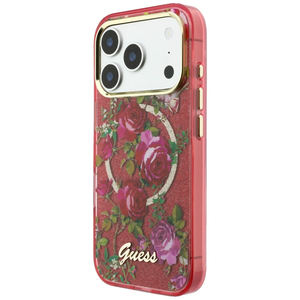 MagSafe-fodral för Apple iPhone 18 Pro / 17 Pro, Guess, IML Glitter Blossom Roses, Vinröd