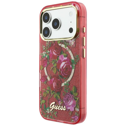 MagSafe-fodral för Apple iPhone 18 Pro / 17 Pro, Guess, IML Glitter Blossom Roses, Vinröd