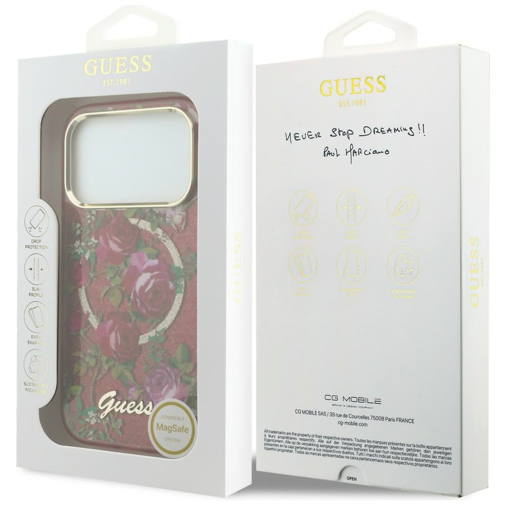 MagSafe-fodral för Apple iPhone 18 Pro / 17 Pro, Guess, IML Glitter Blossom Roses, Vinröd