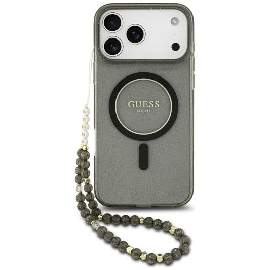 MagSafe-skal för Apple iPhone 18 Pro / 17 Pro, Guess, IML Glitter with Pearl Strap, svart