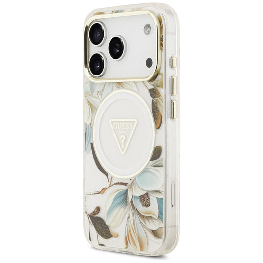 MagSafe-fodral för Apple iPhone 18 Pro / 17 Pro, Guess, IML Metal Glitter Flowers Triangle, Vit