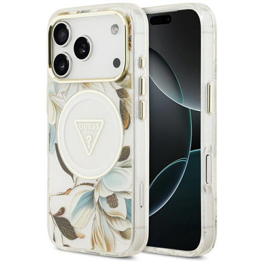 MagSafe-fodral för Apple iPhone 18 Pro / 17 Pro, Guess, IML Metal Glitter Flowers Triangle, Vit