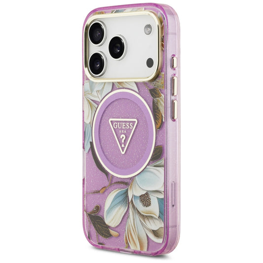 MagSafe-fodral för Apple iPhone 18 Pro / 17 Pro, Guess, IML Metal Glitter Flowers Triangle, Lila