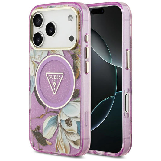 MagSafe-fodral för Apple iPhone 18 Pro / 17 Pro, Guess, IML Metal Glitter Flowers Triangle, Lila