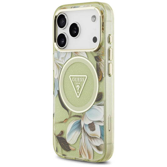 MagSafe-fodral för Apple iPhone 18 Pro / 17 Pro, Guess, IML Metal Glitter Flowers Triangle, Grön