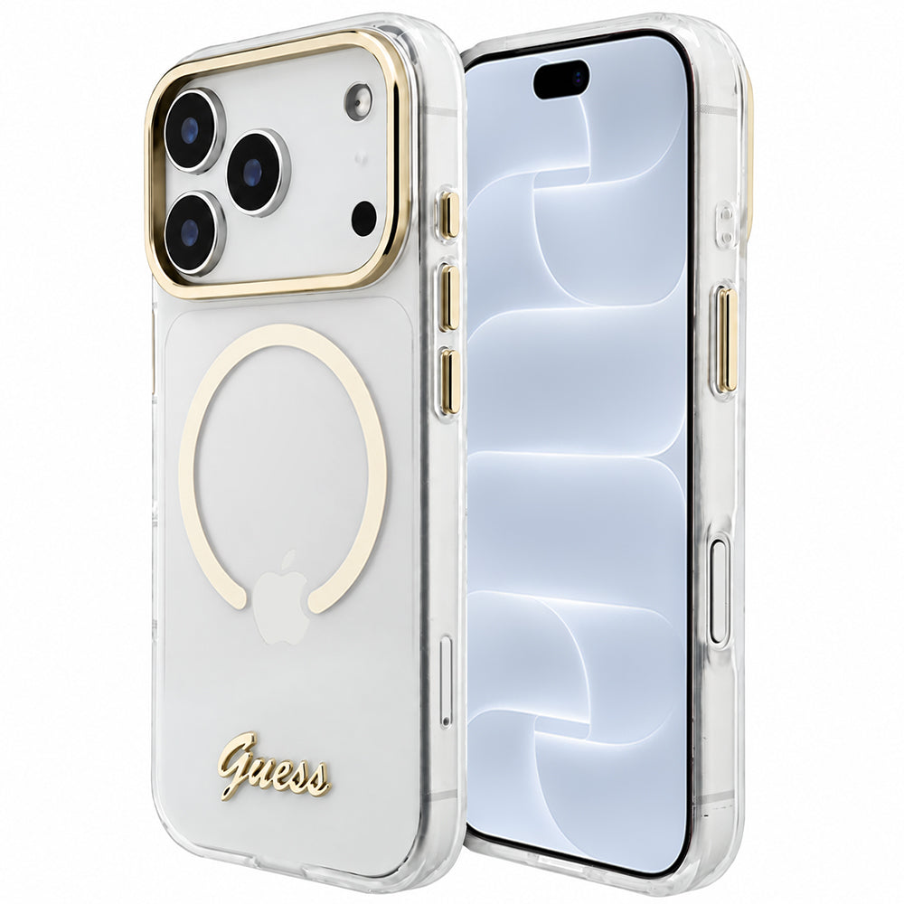 MagSafe-skal för Apple iPhone 18 Pro / 17 Pro, Guess, IML Script Metal, transparent