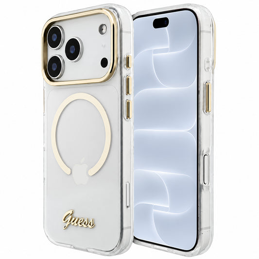 MagSafe-skal för Apple iPhone 18 Pro / 17 Pro, Guess, IML Script Metal, transparent
