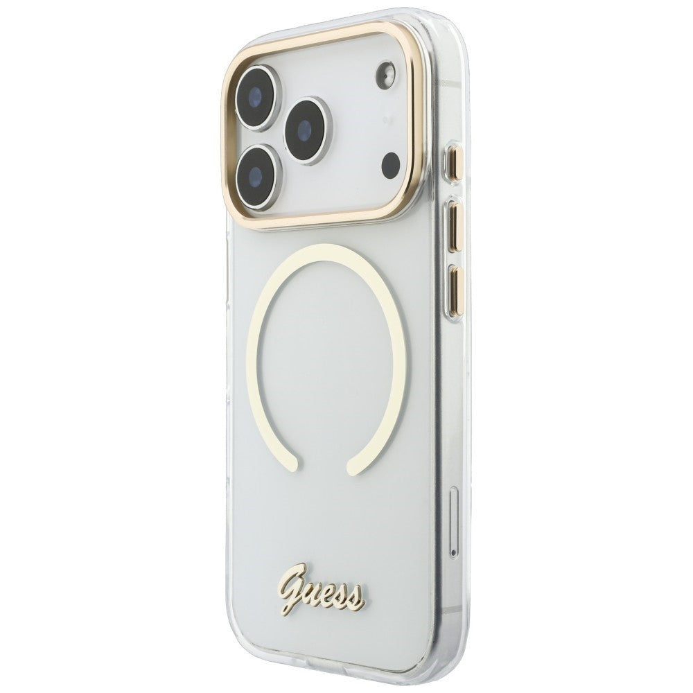 MagSafe-skal för Apple iPhone 18 Pro / 17 Pro, Guess, IML Script Metal, transparent