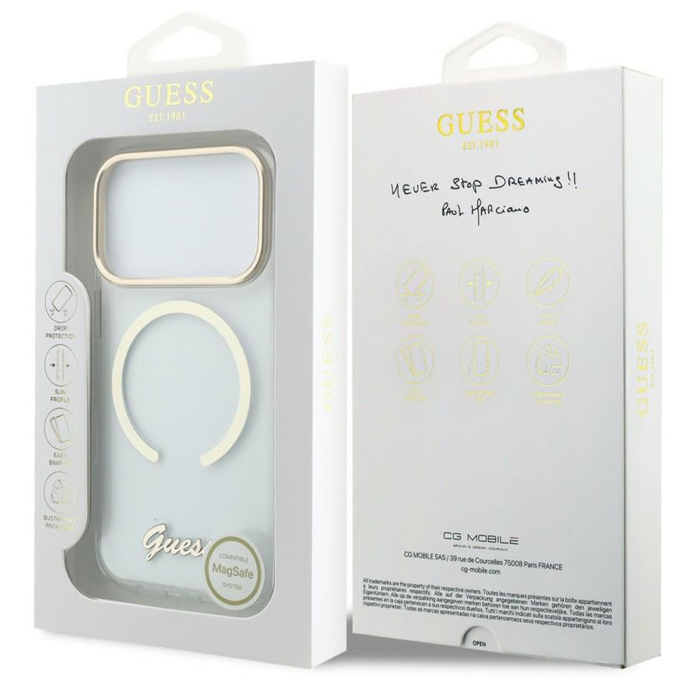 MagSafe-skal för Apple iPhone 18 Pro / 17 Pro, Guess, IML Script Metal, transparent