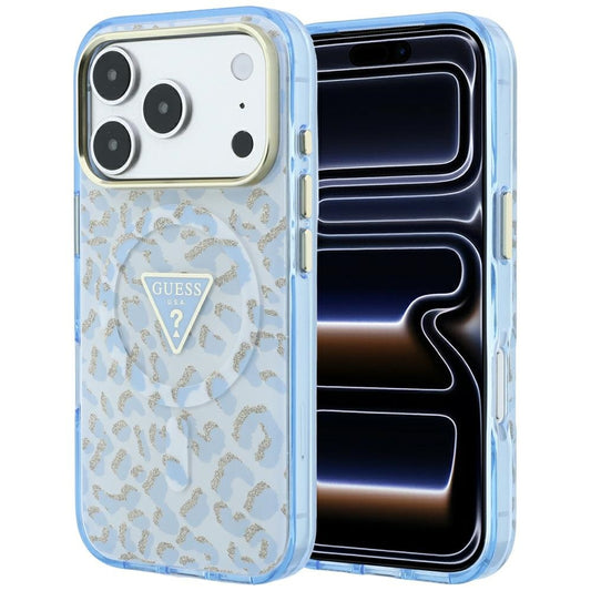 MagSafe-fodral för Apple iPhone 18 Pro / 17 Pro, Guess, Leopard Glitter Triangle Logo, Bleu