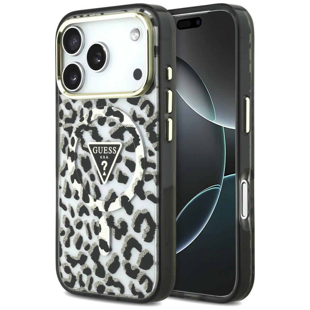 MagSafe-fodral för Apple iPhone 18 Pro / 17 Pro, Guess, Leopard Glitter Triangle Logo, Svart