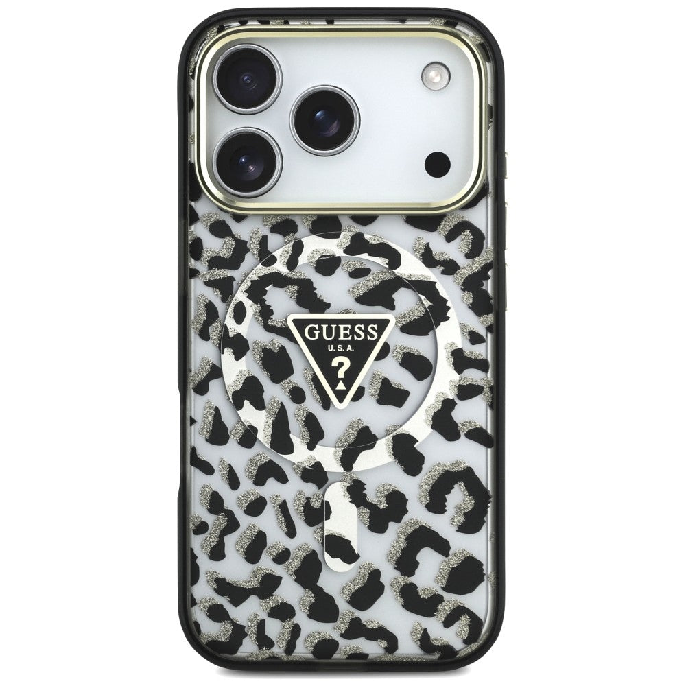 MagSafe-fodral för Apple iPhone 18 Pro / 17 Pro, Guess, Leopard Glitter Triangle Logo, Svart