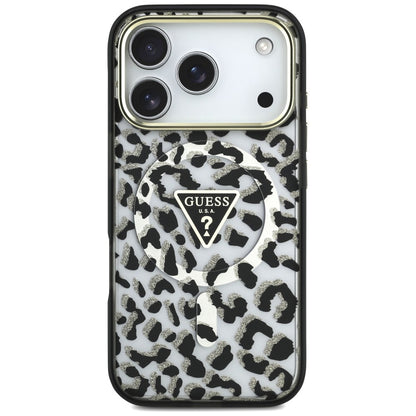 MagSafe-fodral för Apple iPhone 18 Pro / 17 Pro, Guess, Leopard Glitter Triangle Logo, Svart