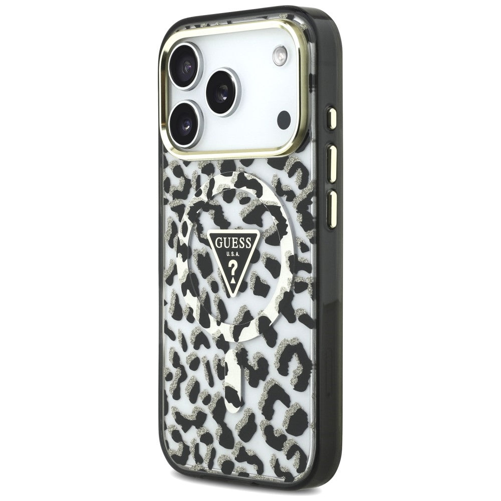 MagSafe-fodral för Apple iPhone 18 Pro / 17 Pro, Guess, Leopard Glitter Triangle Logo, Svart